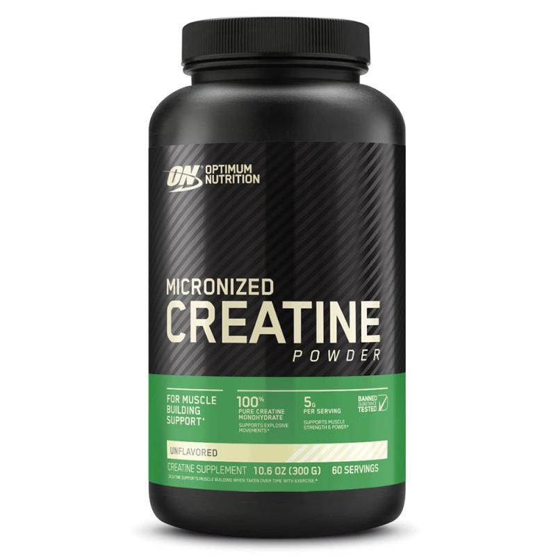 Envase de Creatine Micronized Powder de Optimum Nutrition, con 60 servicios. 100% creatina monohidrato para apoyar el desarrollo muscular, fuerza y potencia
