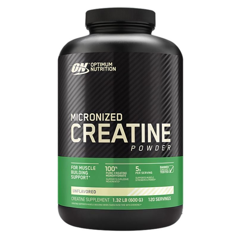 Envase grande de Creatine Micronized Powder de 120 servicios, de Optimum Nutrition, en creatina sin sabor