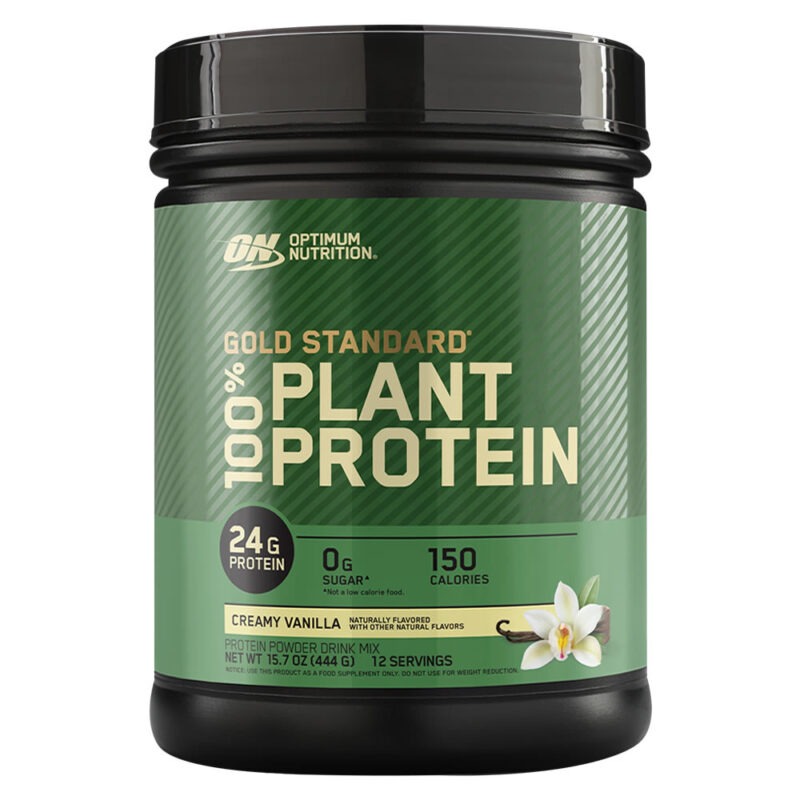 Envase de la proteína vegana Gold Standard 100% Plant Protein, sabor Creamy Vanilla, de 444 gramos y 12 servicios