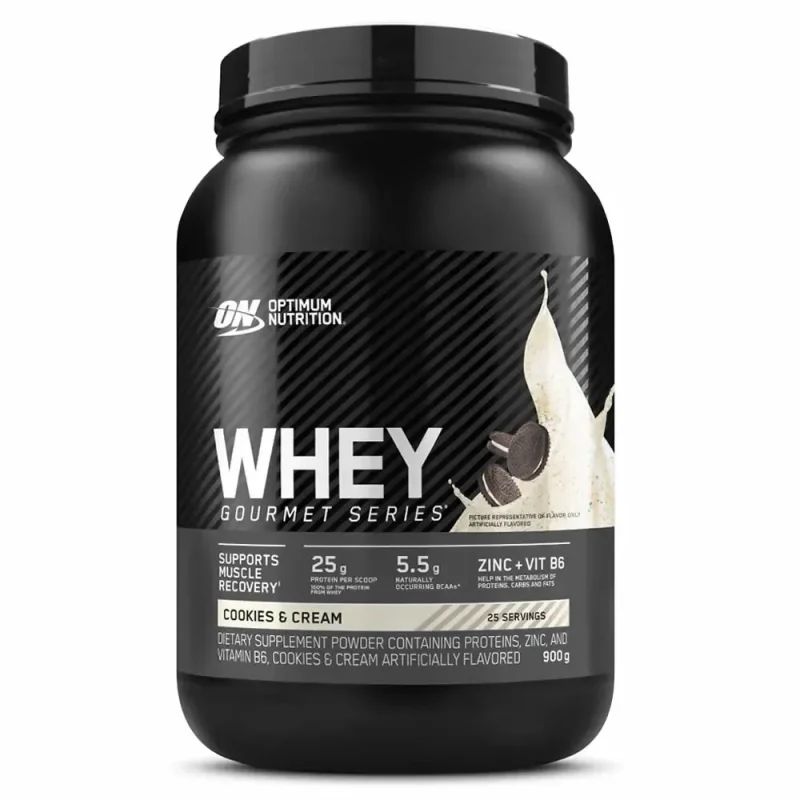Envase de proteína limpia Whey Gourmet Series Optimum Nutrition, en sabor Cookies and Cream y presentación de 2 libras, vista frontal sobre fondo blanco